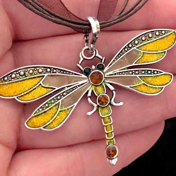 Spring Multicolor Dragonfly Rhinestone Pendant Organza Cord Adjustable Necklace - Picture 13 of 15